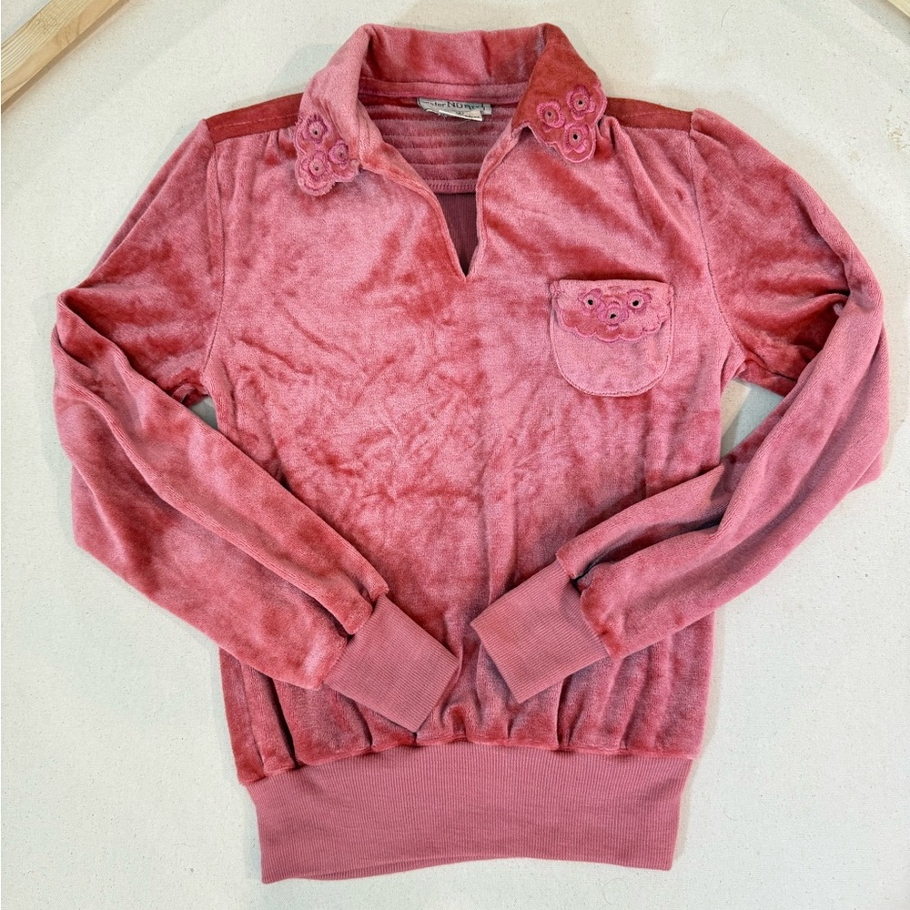 Vintage Mister Noah Pink Velour Pullover with Collar Size Small Coquette
